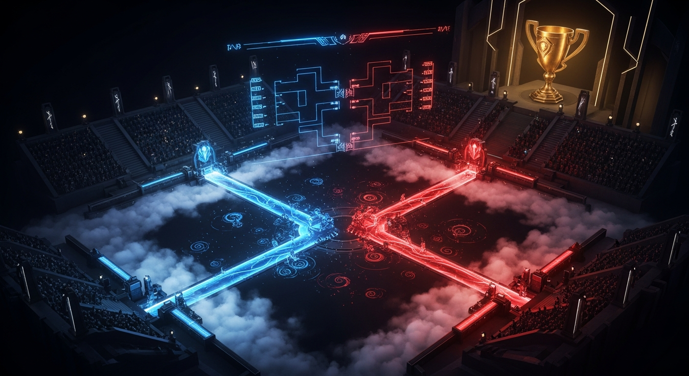 Arena oscura de torneo con bracket azul y rojo